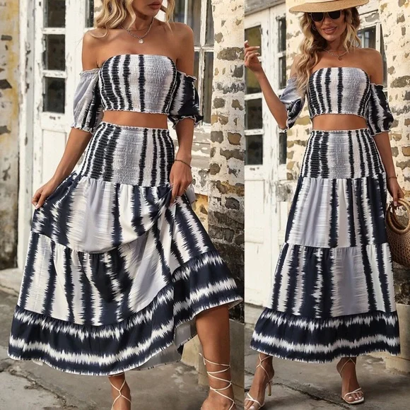 🔲 BOHO BLACK NAVY GREY HIGH WAIST MAXI SKIRT + CROP TOP SET! - Picture 5 of 8